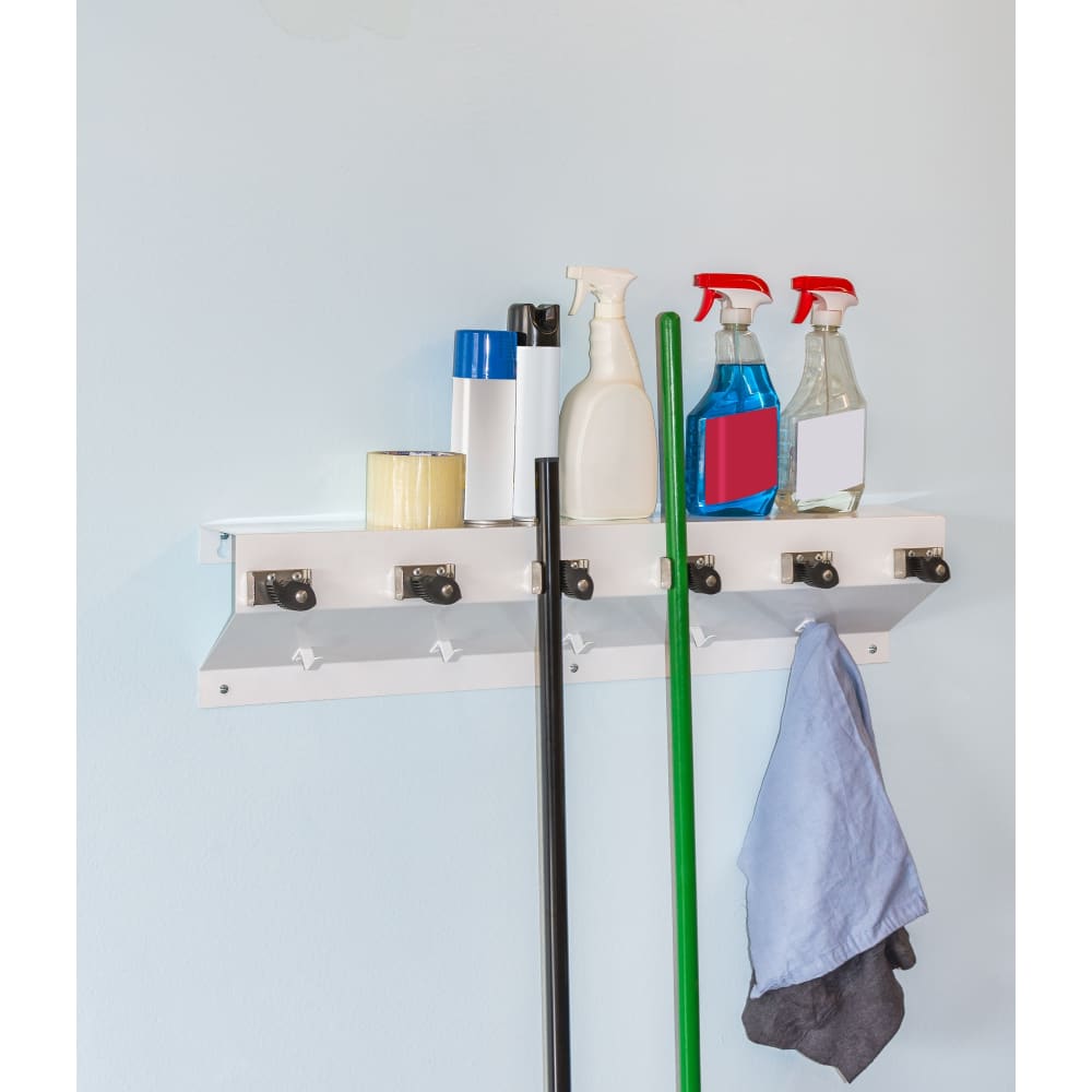 Ex-Cell Kaiser® The Clincher Mop & Broom Holder, 34 Inch channel with 6 Rubber Cams, 4" Shelf top